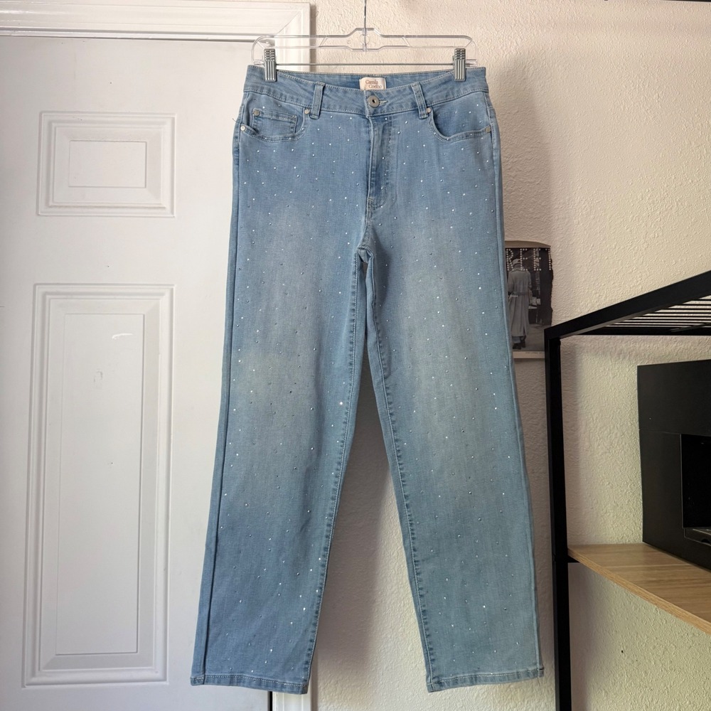 CAMILA COELHO blue stretch bejeweled rhinestone beaded slim leg cropped jeans